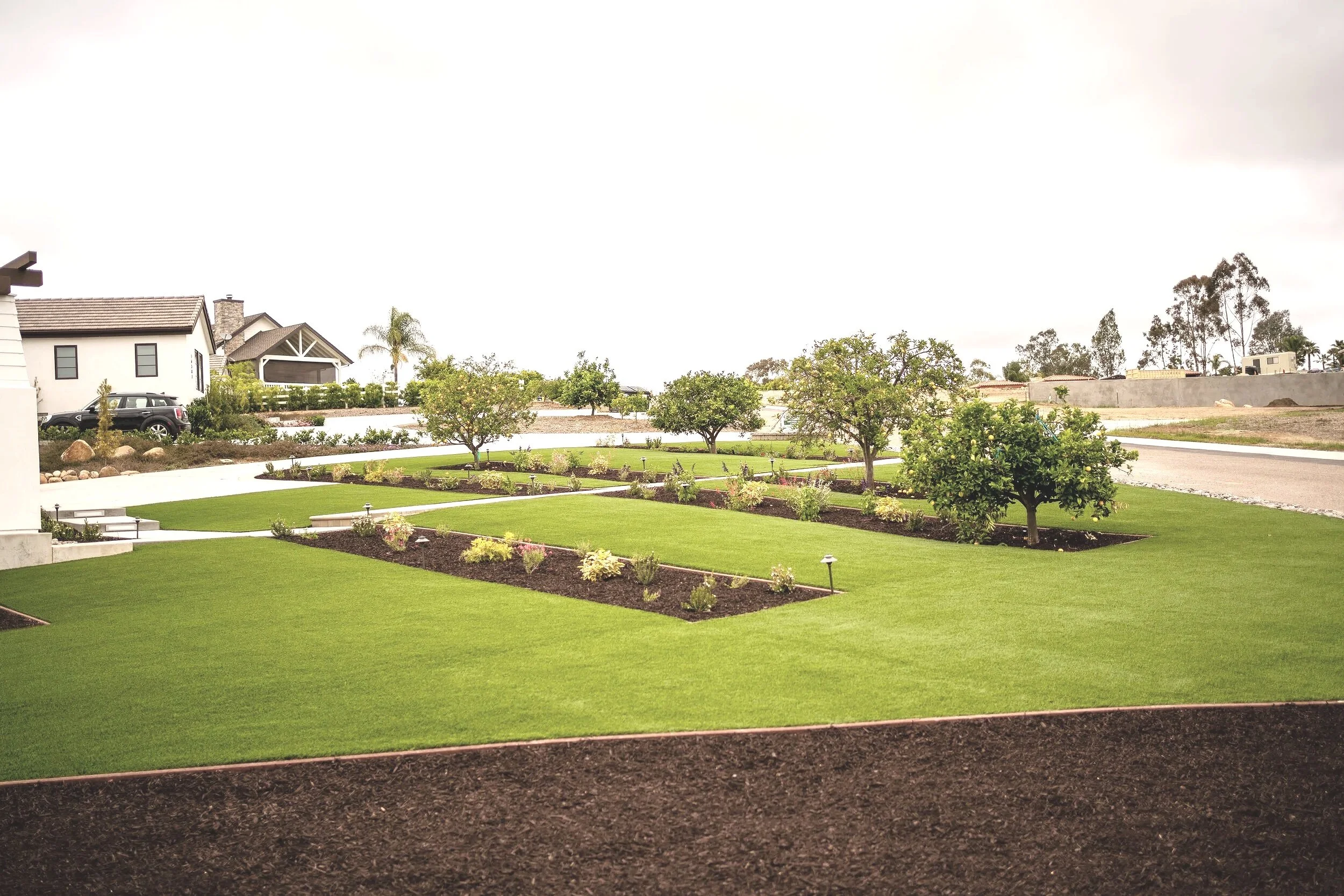 Expansive Front Lawn with Striped Planting