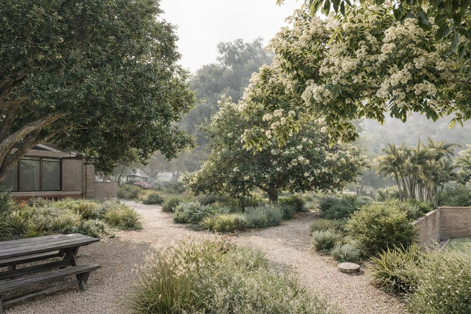 Mediterranean-style estate landscape in Rancho Santa Fe featuring flowering shade trees, gravel pathways, and layered drought-tolerant planting adapted to Southern California climate