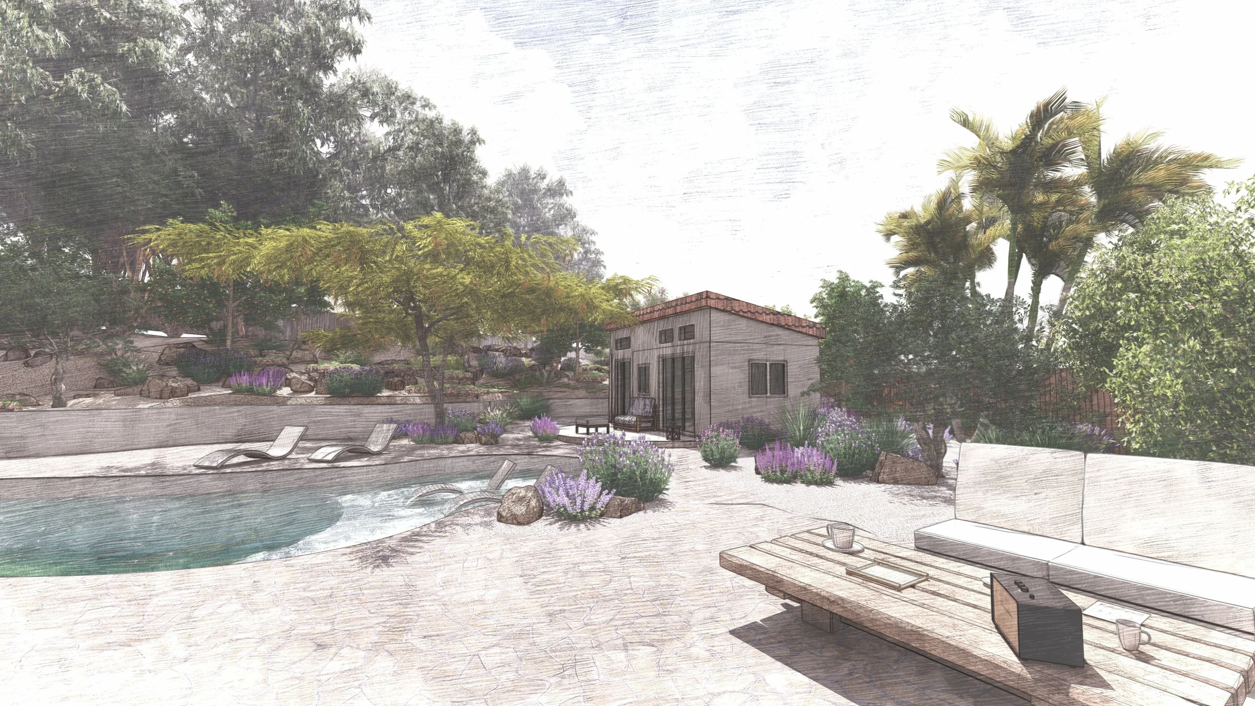 Spanish Colonial Revival Pool Garden - La Jolla Landscape Sketch