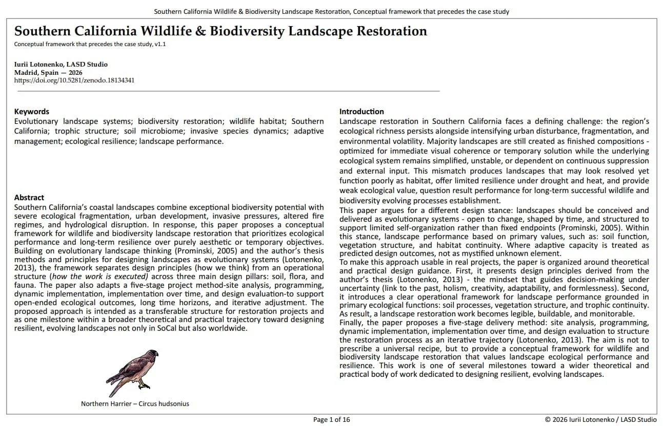 Research: Southern California Wildlife and Biodiversity Landscape Restoration, Iurii Lotonenko / LASD Studio - 2026