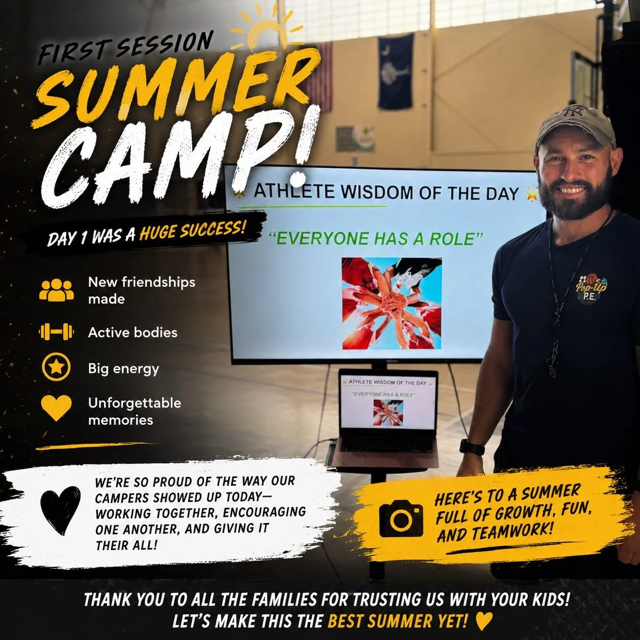 ☀️ Day 1 of Pop-Up P.E. Summer Camp is officially in the books!

Today&rsquo;s Athlete Wisdom: &ldquo;Everyone Has a Role.&rdquo; ⭐

Throughout the day, our campers learned that being part of a team isn&rsquo;t just about being the fastest, strongest