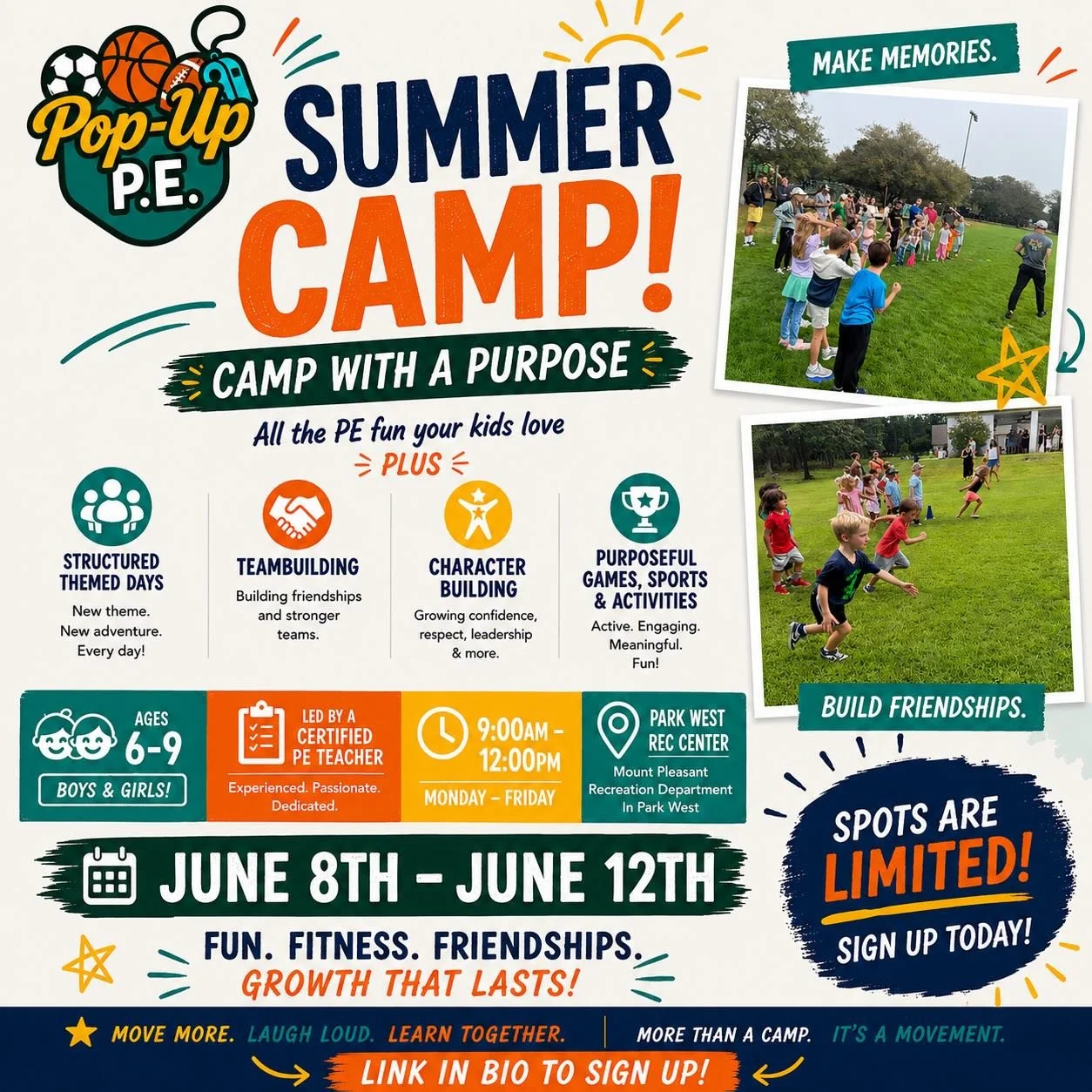 ☀️ SUMMER CAMP IS HERE! ☀️

Pop-Up P.E. Summer Camp is officially coming to Park West Rec Center in partnership with the Mount Pleasant Recreation Department!

Ages 6&ndash;9
📍 Park West Rec Center
🗓 June 8th&ndash;June 12th
⏰ 9:00am&ndash;12:00pm
