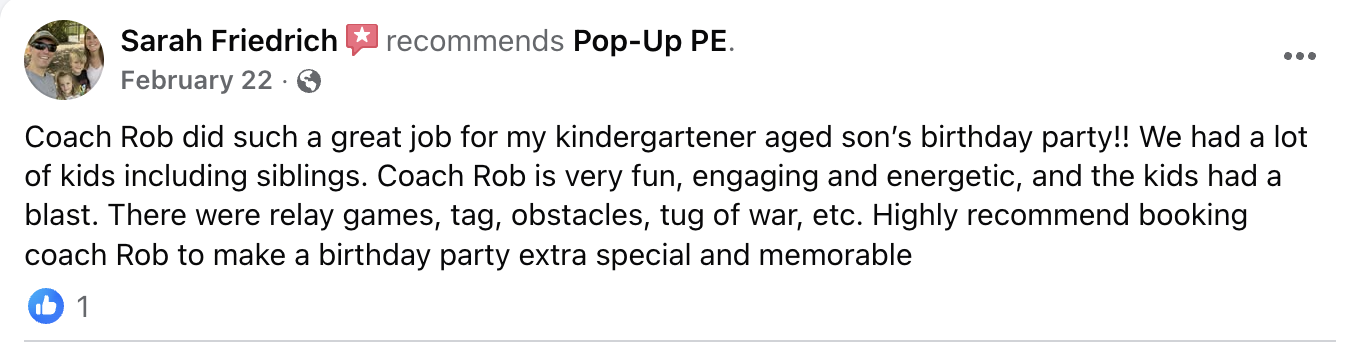 Screenshot of a Facebook review by Sarah Friedrich about a children's birthday party, recommending Coach Rob for pop-up PE activities.