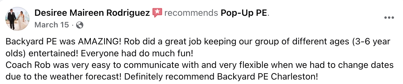 Screenshot of a Facebook post recommending Backyard PE, describing a fun and flexible physical education activity for children ages 3-6, led by Coach Rob.