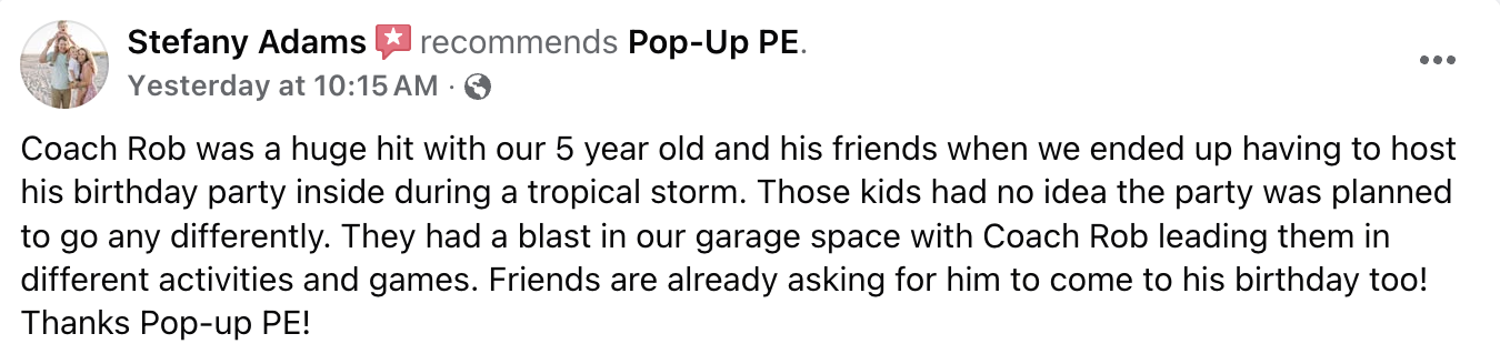 Children celebrating a birthday party inside a garage during a tropical storm, with Coach Rob leading activities.