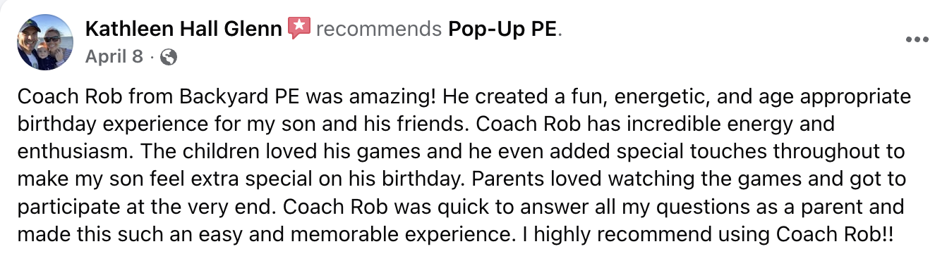 Facebook review recommending Pop-Up PE and Coach Rob for a birthday party with children