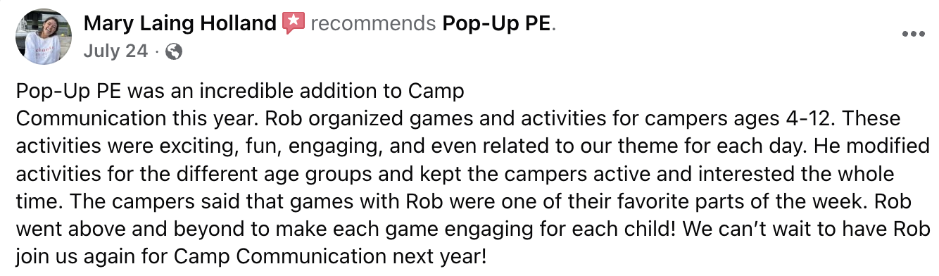 Screenshot of a Facebook post by Mary Laing Holland recommending Pop-Up PE for camp communication activities