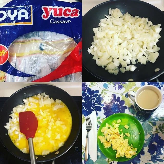 Paraguayan comfort food, breakfast edition: mandi&rsquo;o chyryry 
Yuca/cassava is called mandioca in Paraguayan Spanish and mandi&rsquo;o in Guaraní. Chop boiled mandioca, sautée and scramble with eggs and green onions. Yum!
Un desayuno bien parag