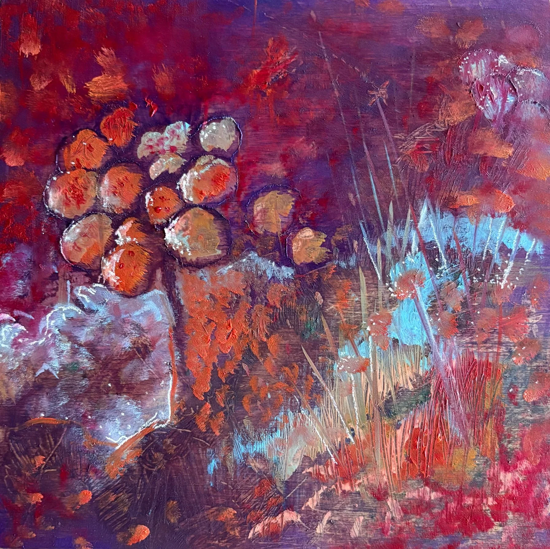 Headlights on the Hill 
8x8 inches 
Oil, nupastel, metallic pigment powder on panel.  
2025 