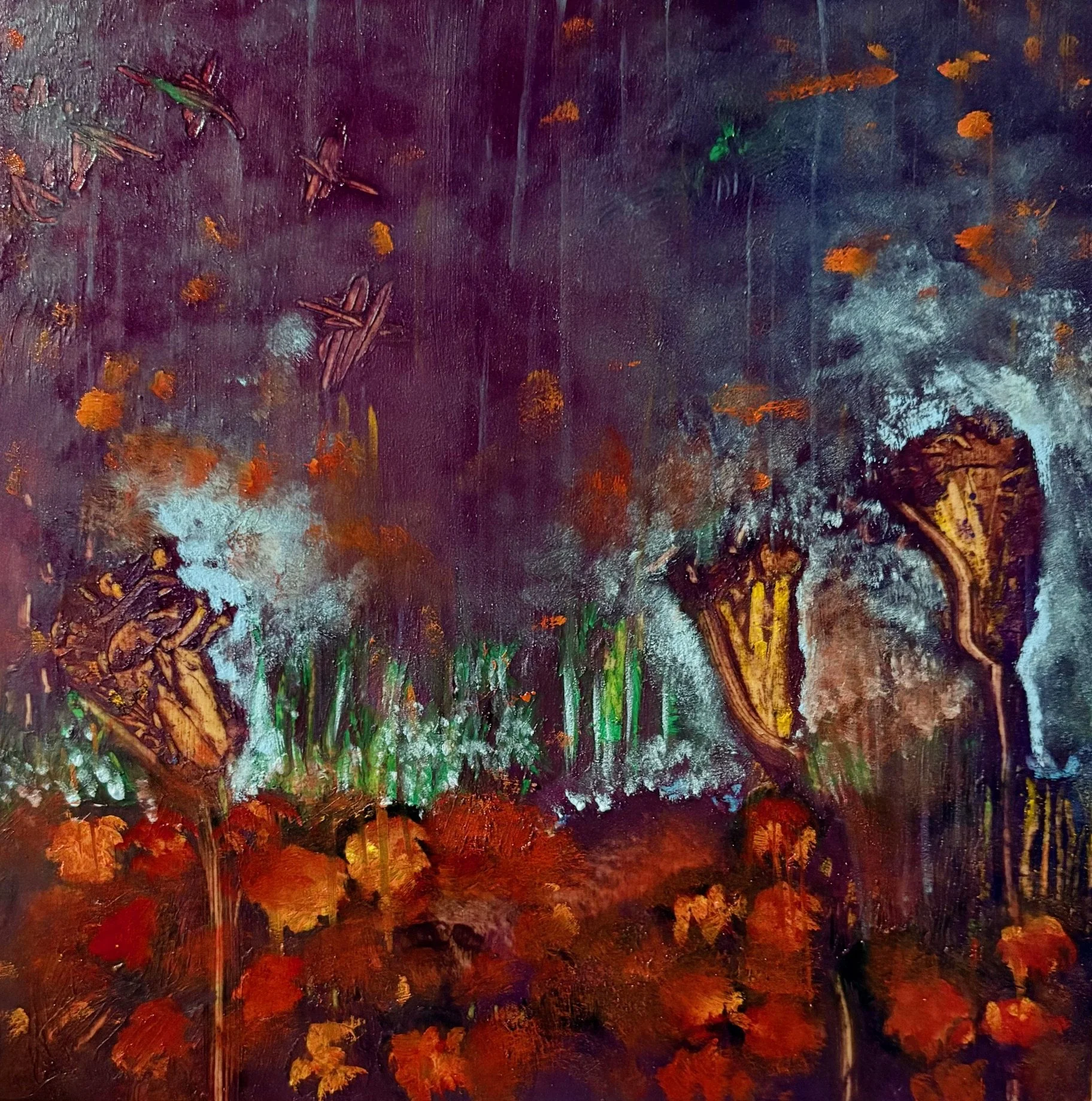 Daffodils & Fireflies  
8x8 inches 
Oil, nupastel, metallic pigment powder on panel.  
2025 