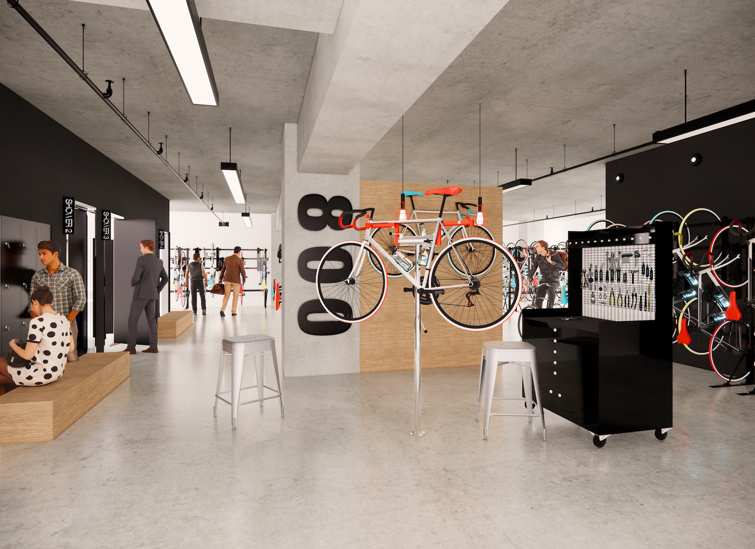 Fully equipped bike room with repair station and showers