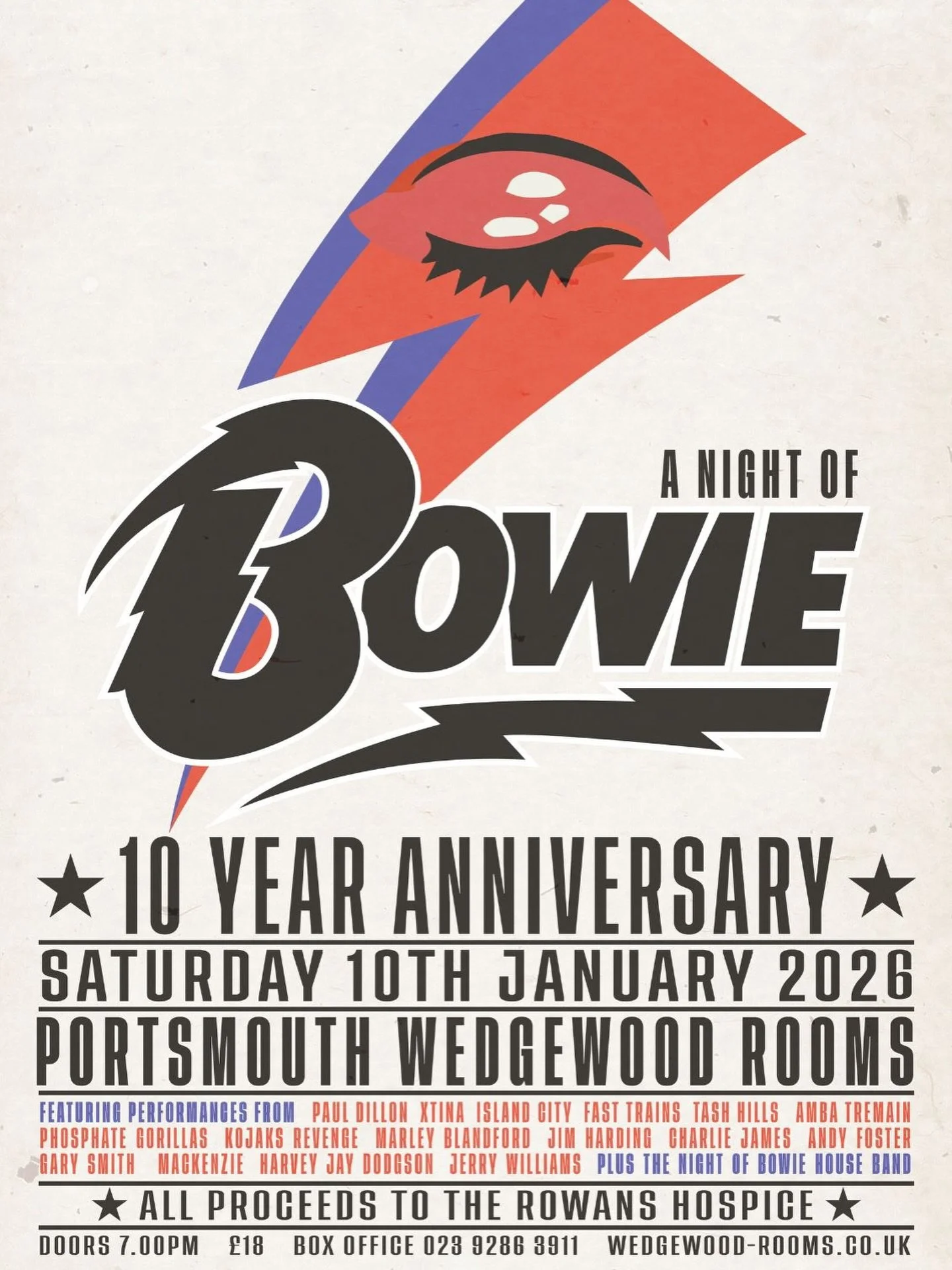 This Saturday, join us at @wedgewoodrooms, Portsmouth, as we celebrate the life and music of the great David Bowie.

The FT band join a stellar lineup of local musicians, all in aid of @rowanshospice.

See you there!
Tom x