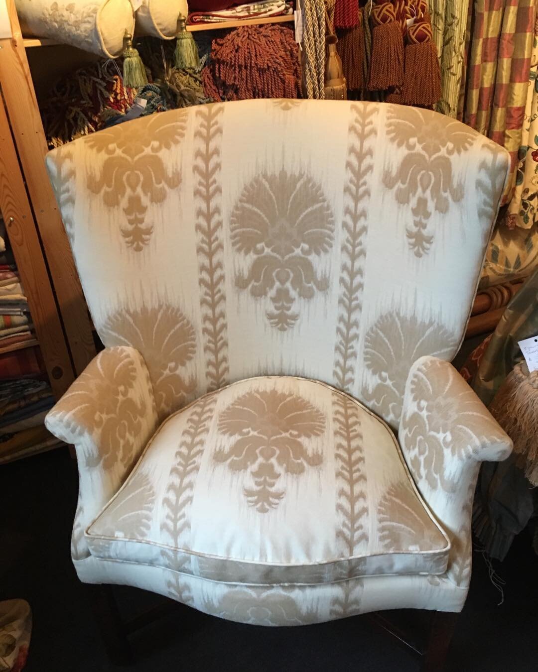 Beautiful antique wing chair restored and recovered in a Hodsell Mackenzie fabric. #wing chair #upholstery #antique chair