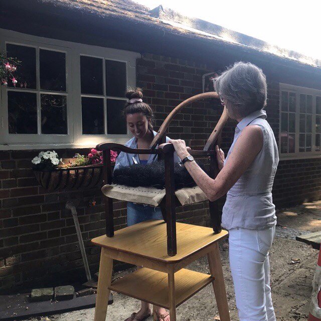 One of our upholstery students at Hamilton House Interiors being shown how to revamp a pre-loved occasional chair. Using a stunning Design Forum fabric - Tuscany Odalisque in burnt clay this chair will have a completely new lease of life. An apprenti