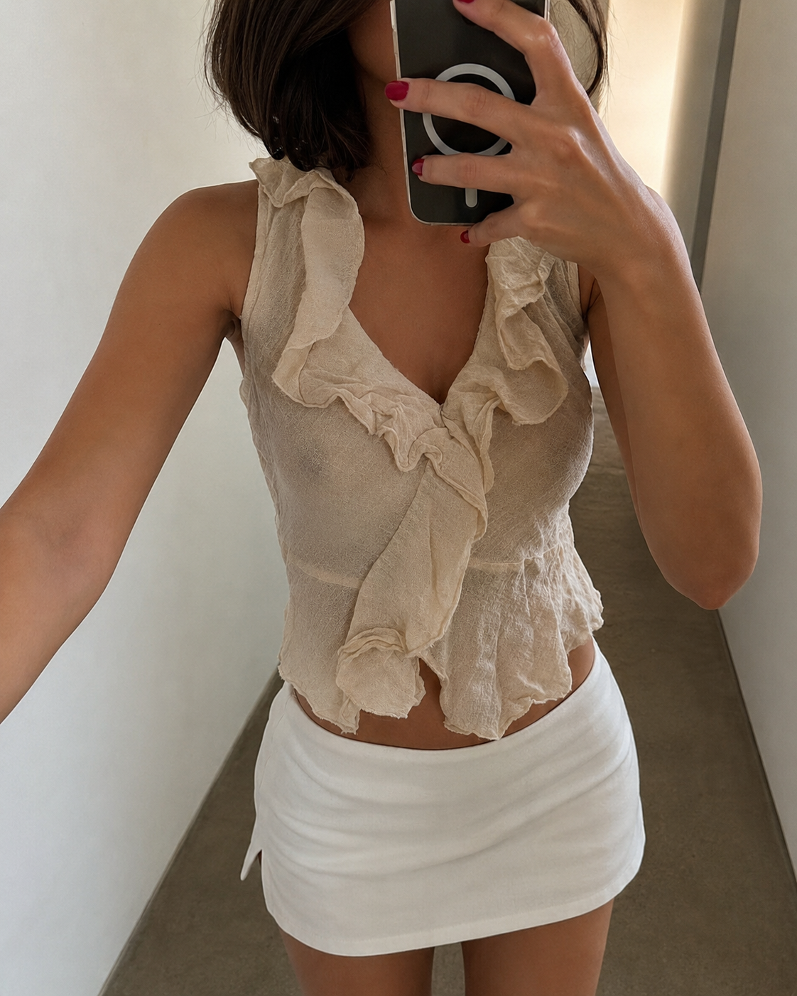 Vintage Beige Linen Ruffle Top