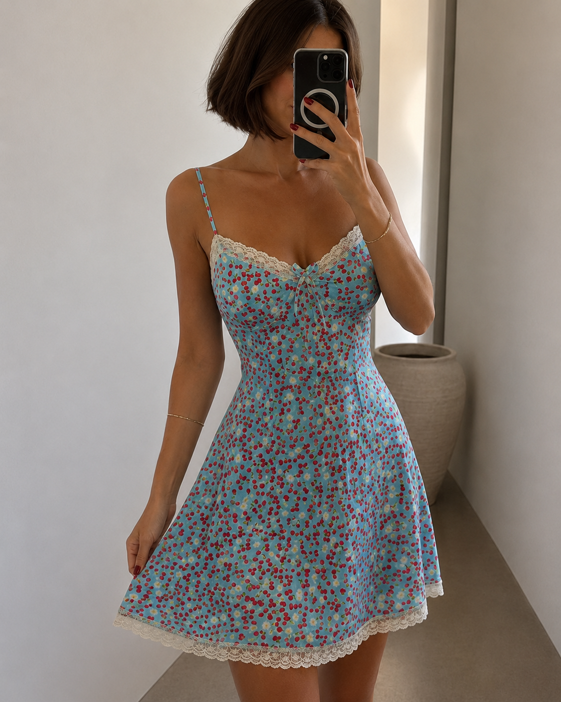 Vintage Cherry Print Slip Dress – Back View