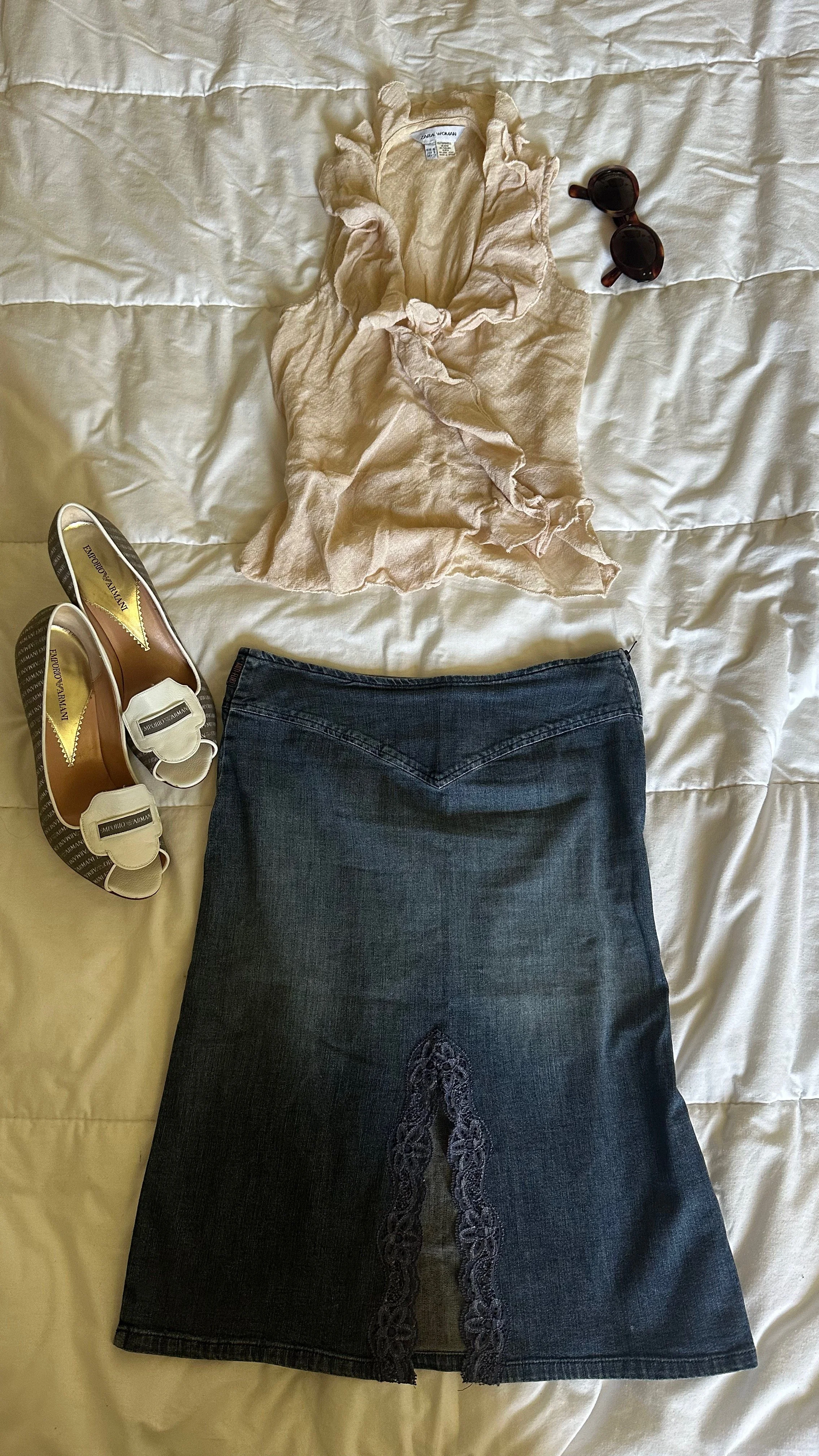 Vintage Beige Linen Ruffle Top