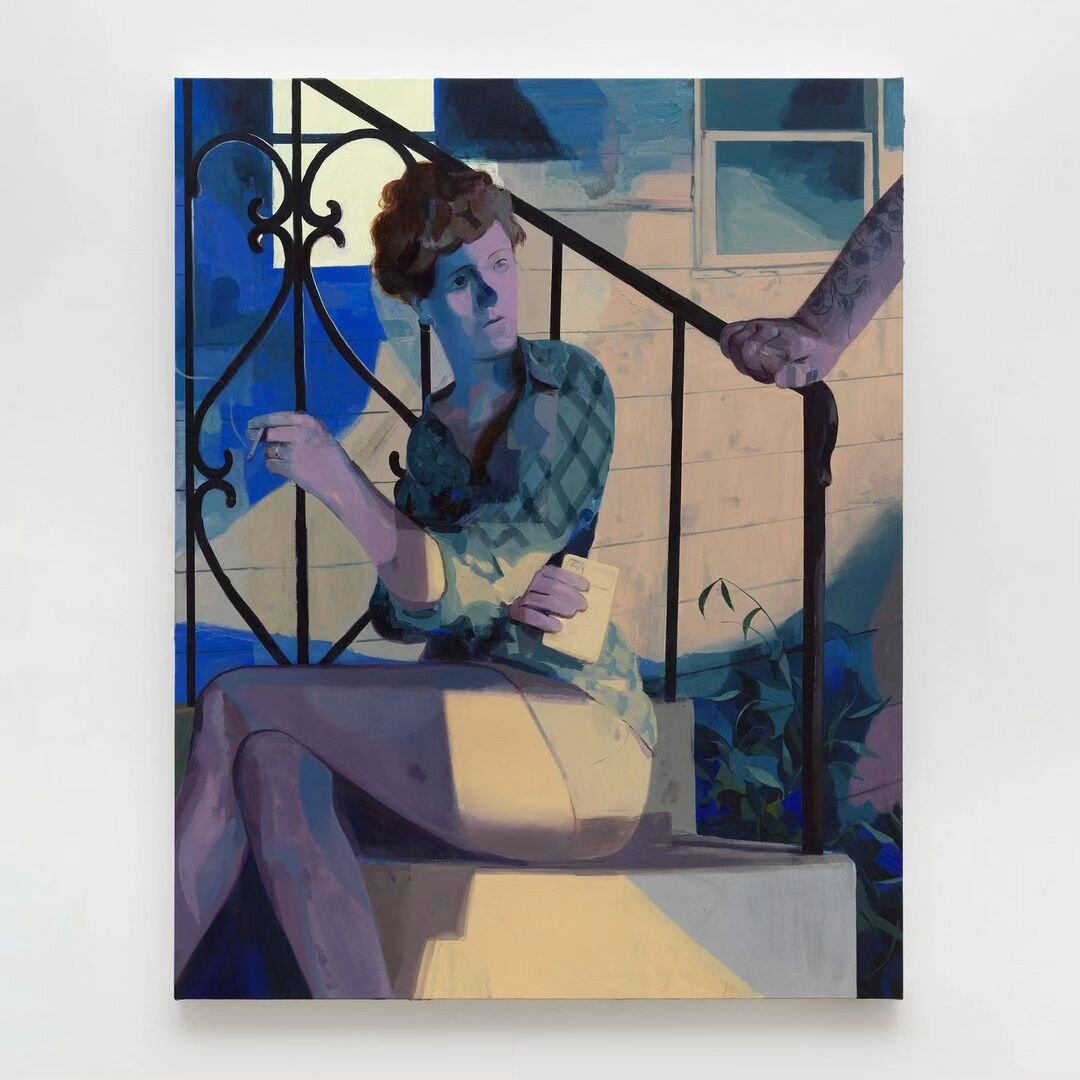 The figures and settings in my paintings are typically composites, fictional constructions combining lived experience with observation and the sort of discovery that comes from moving the paint around. In this one even the handrail combined different