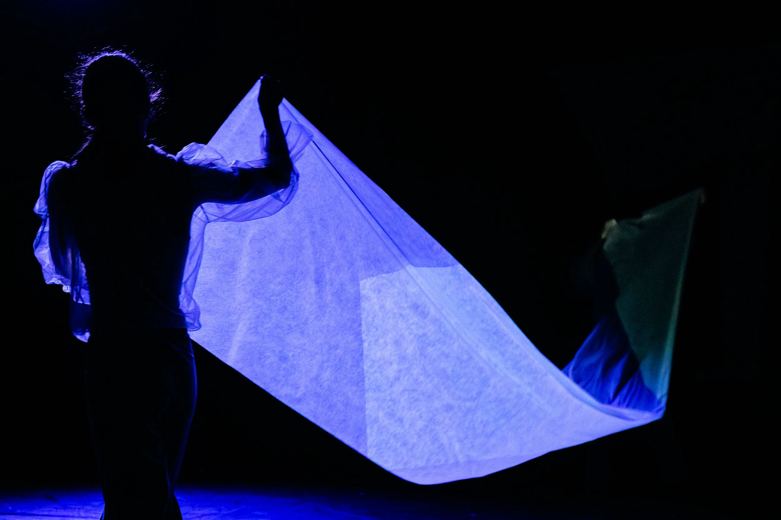 Silhouette of a person holding a large illuminated fabric or paper lantern against a dark background, glowing with blue light.
