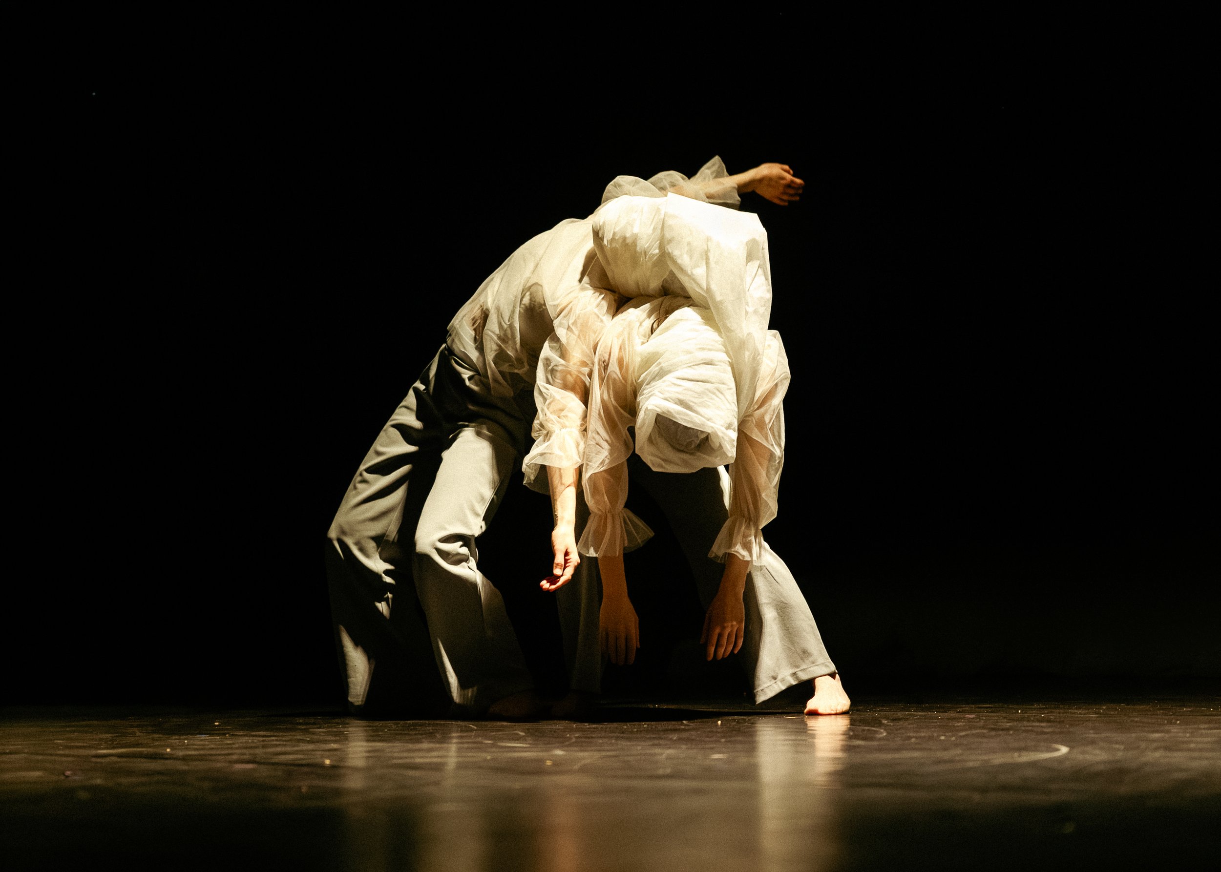 Two ballet dancers perform on a dark stage, with one dancer leaning on the other. They are wearing light-colored costumes and are illuminated by spotlight, creating a dramatic contrast against the black background.