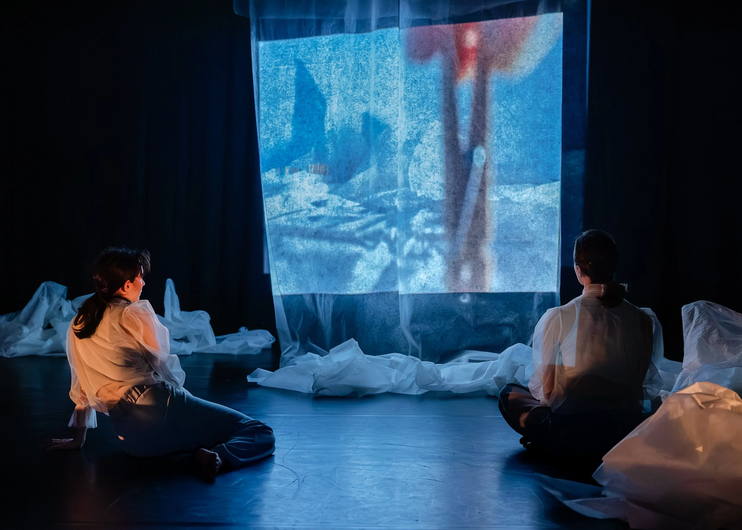 People sitting on the floor in a dark room, watching a large screen projecting an image or video with a blue-toned scene.