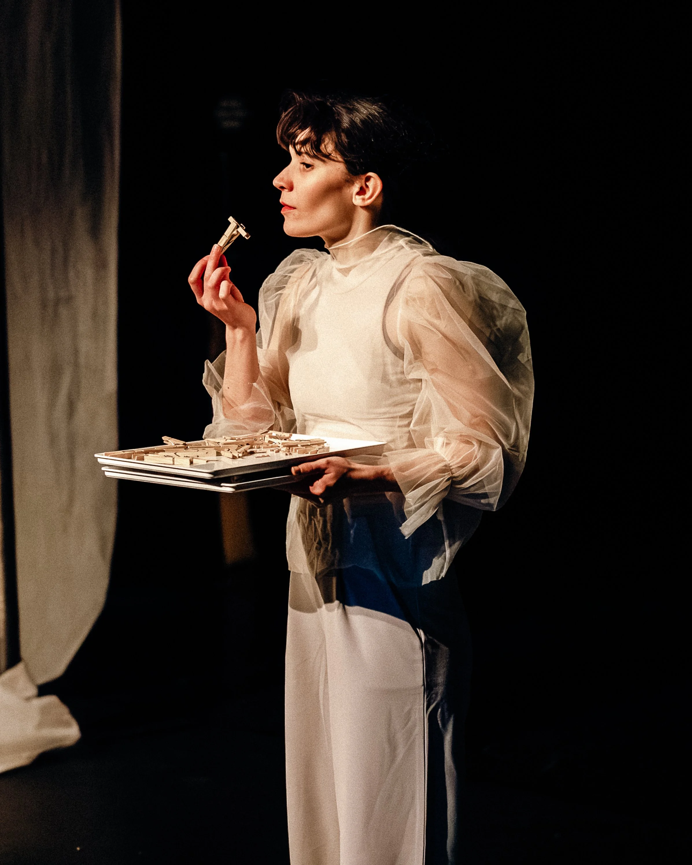 A woman in a beige dress with puffy sheer sleeves holding a tray with photos and a small object, standing against a dark background.