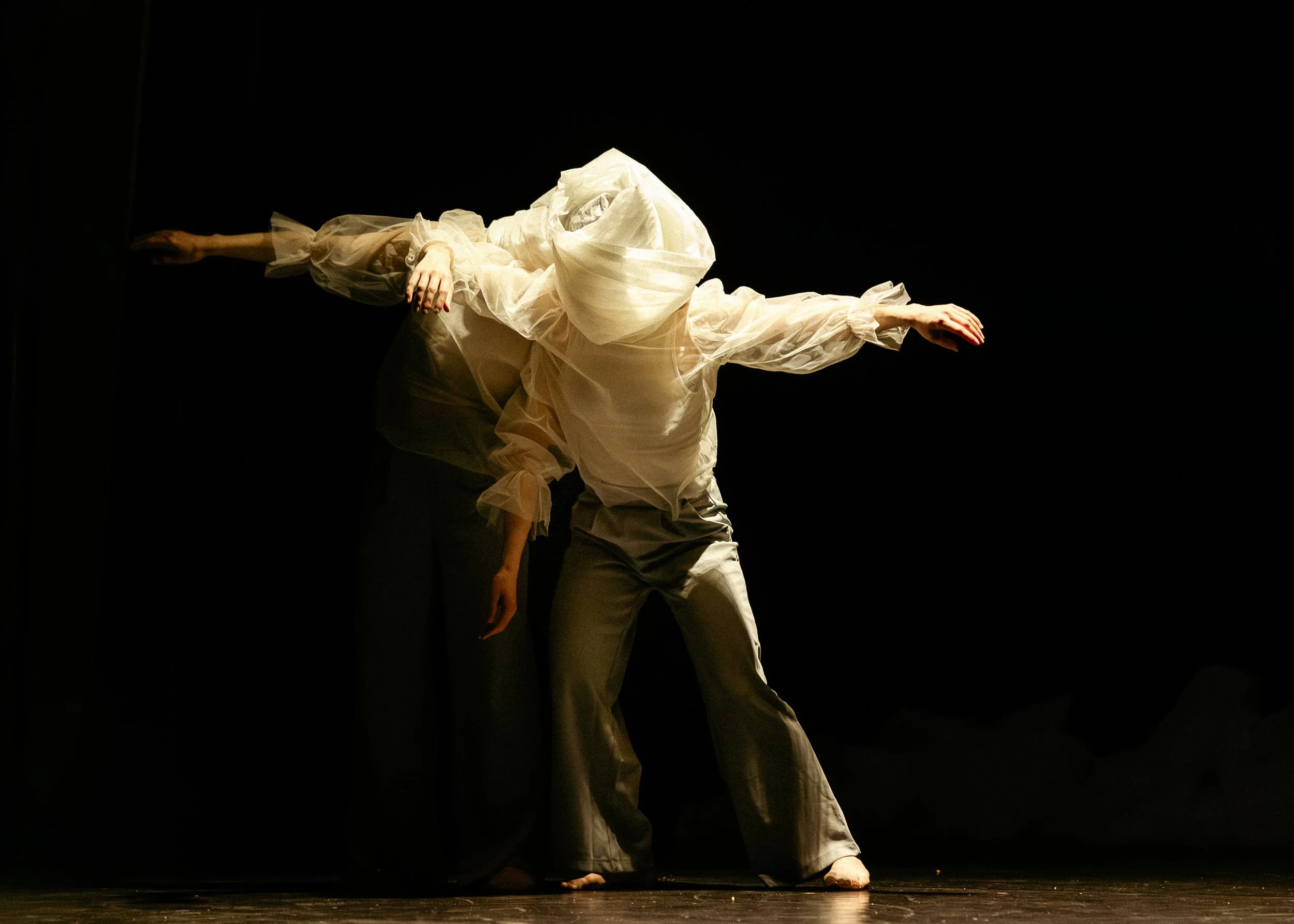 Performers in costume dancing on stage against a dark background.