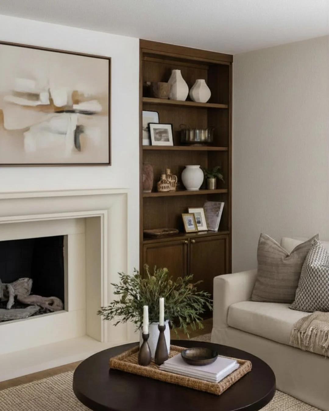 Admiring how this rich stain pops against our go-to white paint. Sherwin Williams Alabaster never disappoints. Its soft undertones create the prettiest, and most subtle contrast with the cast fireplace mantel and oatmeal sofa fabric. Light, bright, a