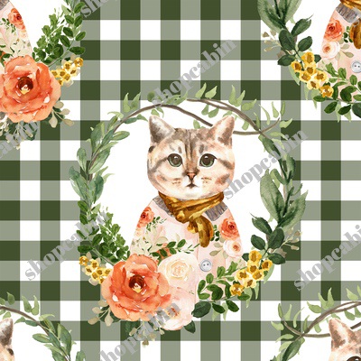 Miss Kitty Floral Wreath Olive Gingham.jpg