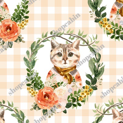 Miss Kitty Floral Wreath Peach Gingham.jpg