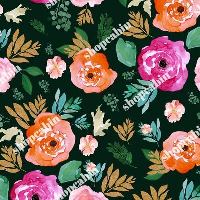 Bright Florals With Gold Leaves Dark Green Back.jpg