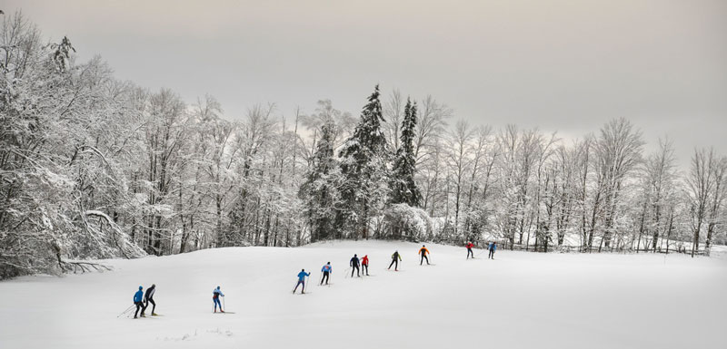 A long train of skiers crossing Murphy’s field.