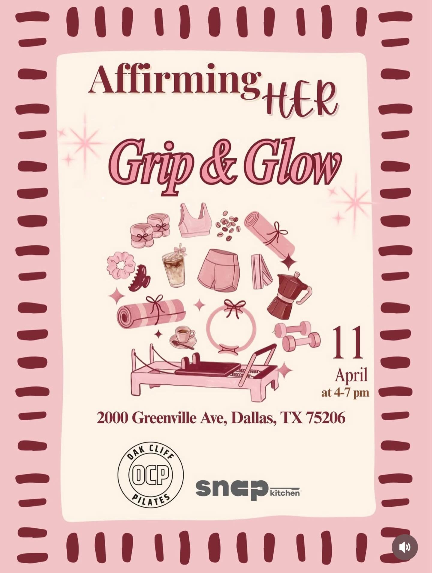 Meet me here April 4th! 💖✨

Check out @affirmingher_ for more info + tickets.

🤍🤍🤍🤍

Join Affirming Her for an evening of movement, connection, and community.

This Pilates event will be held at Oak Cliff Pilates Lower Greenville, bringing toget