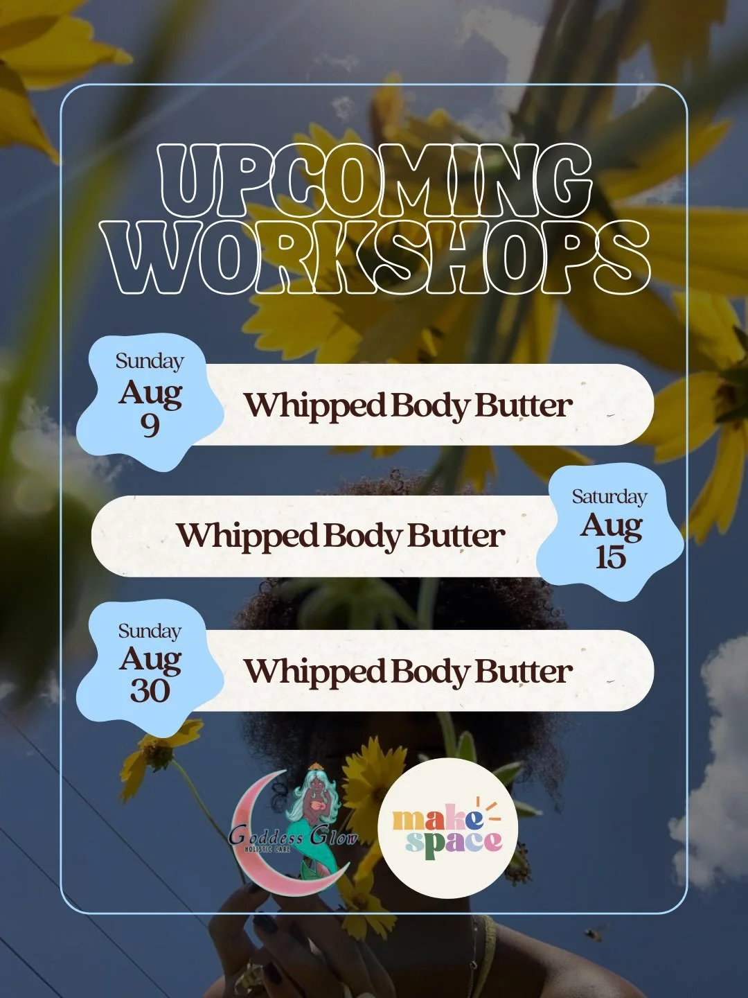 August is all about smooth skin and self care 🌟

Our Whipped Body Butter Workshops are here and we can&rsquo;t wait to create with you!

Join us at @makespace.dallas this August for a hands on experience where you&rsquo;ll craft your own luxurious 8