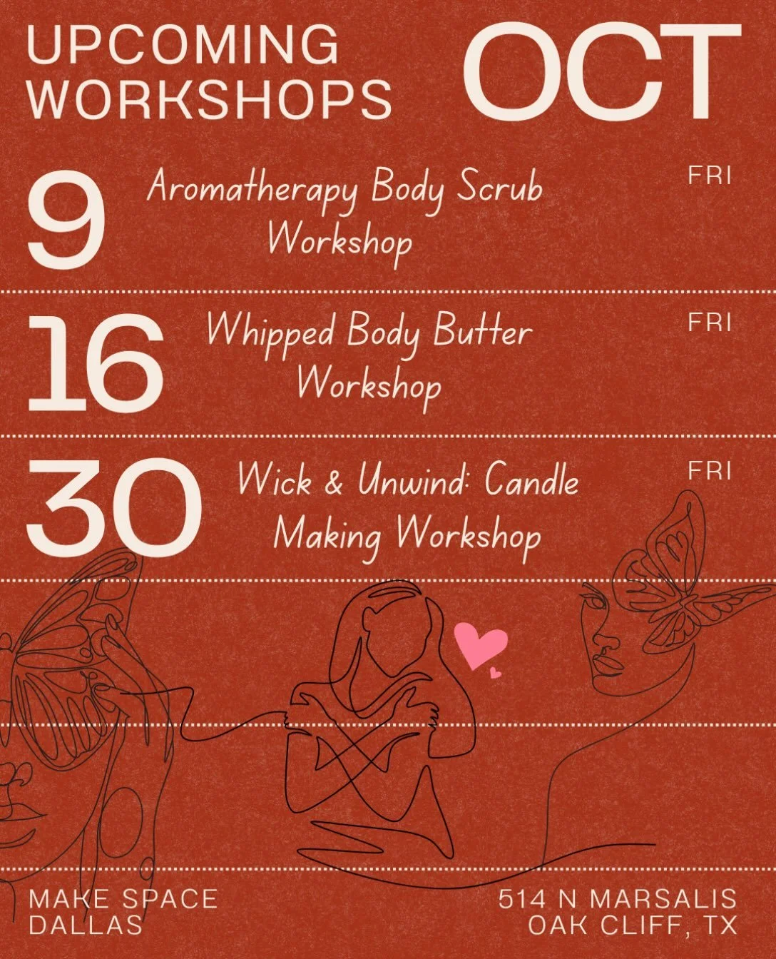 Consider your October self-care outings HANDLED ✨

We're bringing each one of our signature workshops to Make Space this month. Come solo. Bring your girls. Make it a date. Either way, we&rsquo;d love to have you 🫶🏾

reserve your spot thru the link
