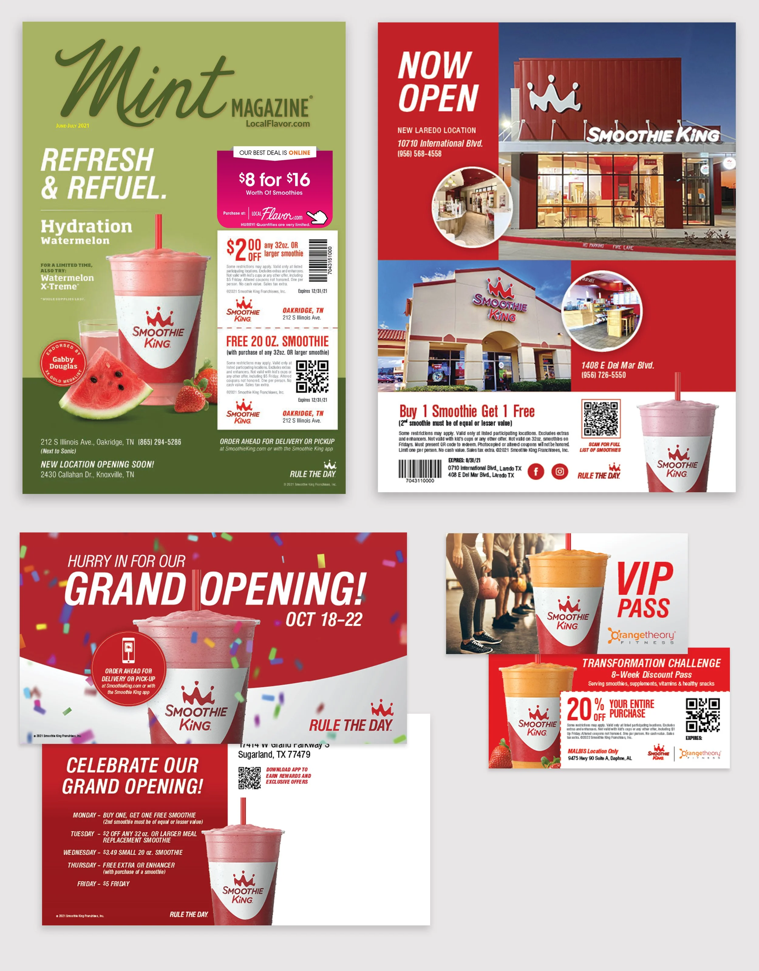 Smoothie King marketing ads, direct mailer, and partner coupon