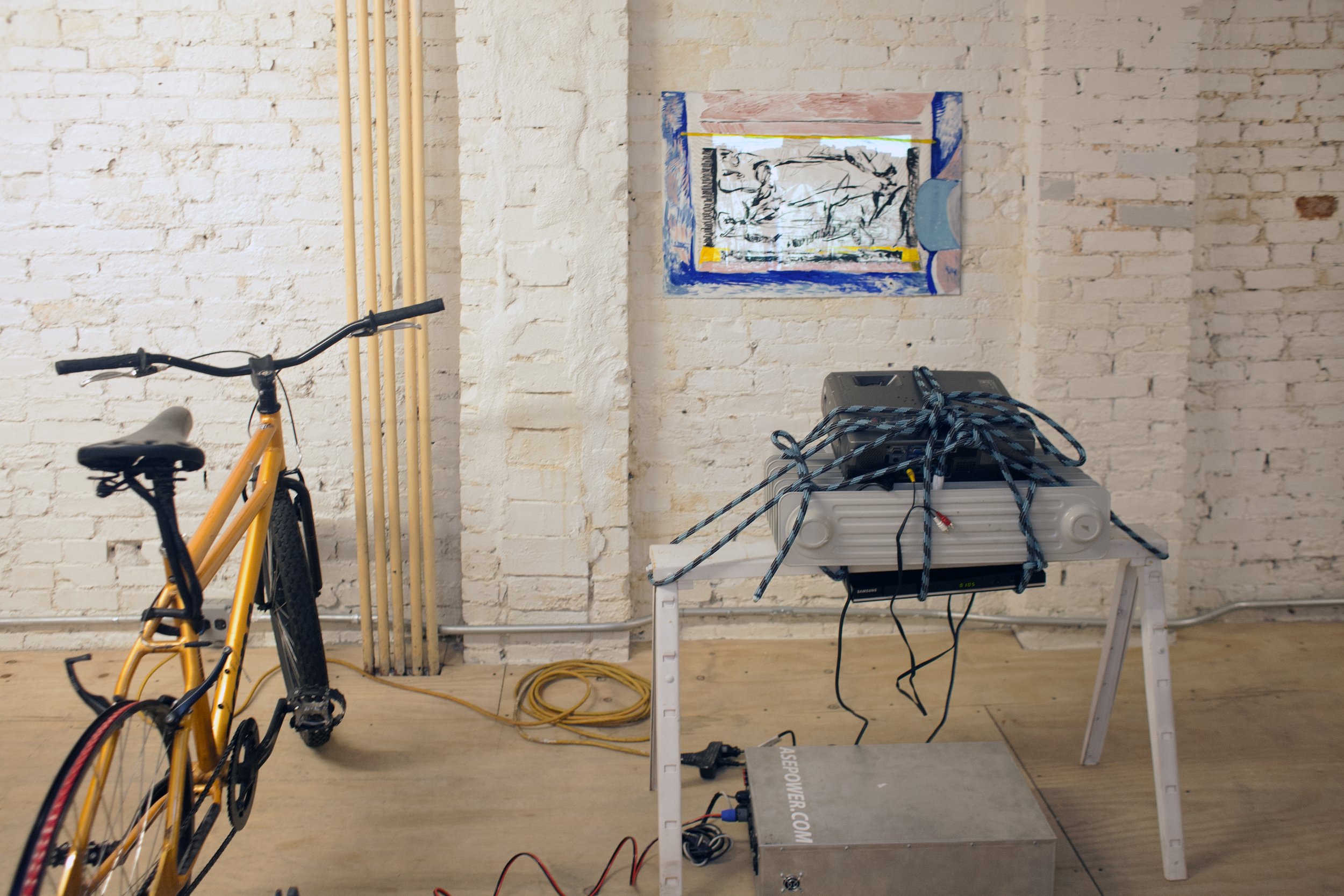   Untitled , 2013  Mixed media; charcoal and acrylic on paper, 20 x 30 inches  DVD player, The Cave of Forgotten Dreams DVD, Digital projector, radiator, climbing rope, bicycle, 300 watts generator, combiner box 