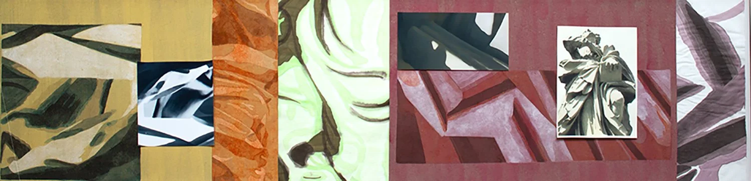  “Vitrine”, 2025, Tempera/Acryl/Recyclingkarton, Inkjetprint, ca. 50 - 200 cm 