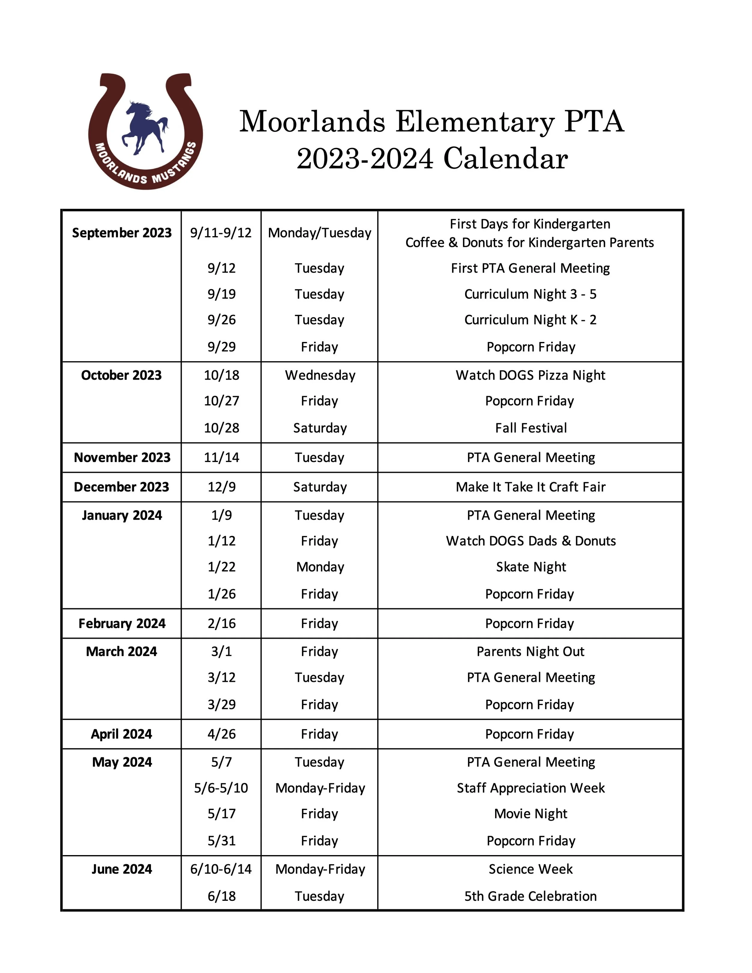 Calendar — MOORLANDS PTA