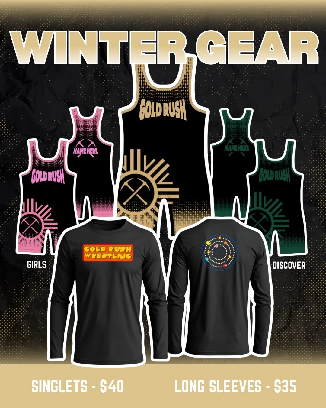 ❄️WINTER GEAR IS HERE❄️

Long sleeves $35 👾
Competition Singlets $40 🤼&zwj;♀️🤼&zwj;♂️

&bull; Green 1st Years
&bull; Black 2nd Years+
&bull; Pink Girls Any Age

Store opens for pre orders Dec. 11th and closes Dec. 22nd 🗓️

Purchase with link in b