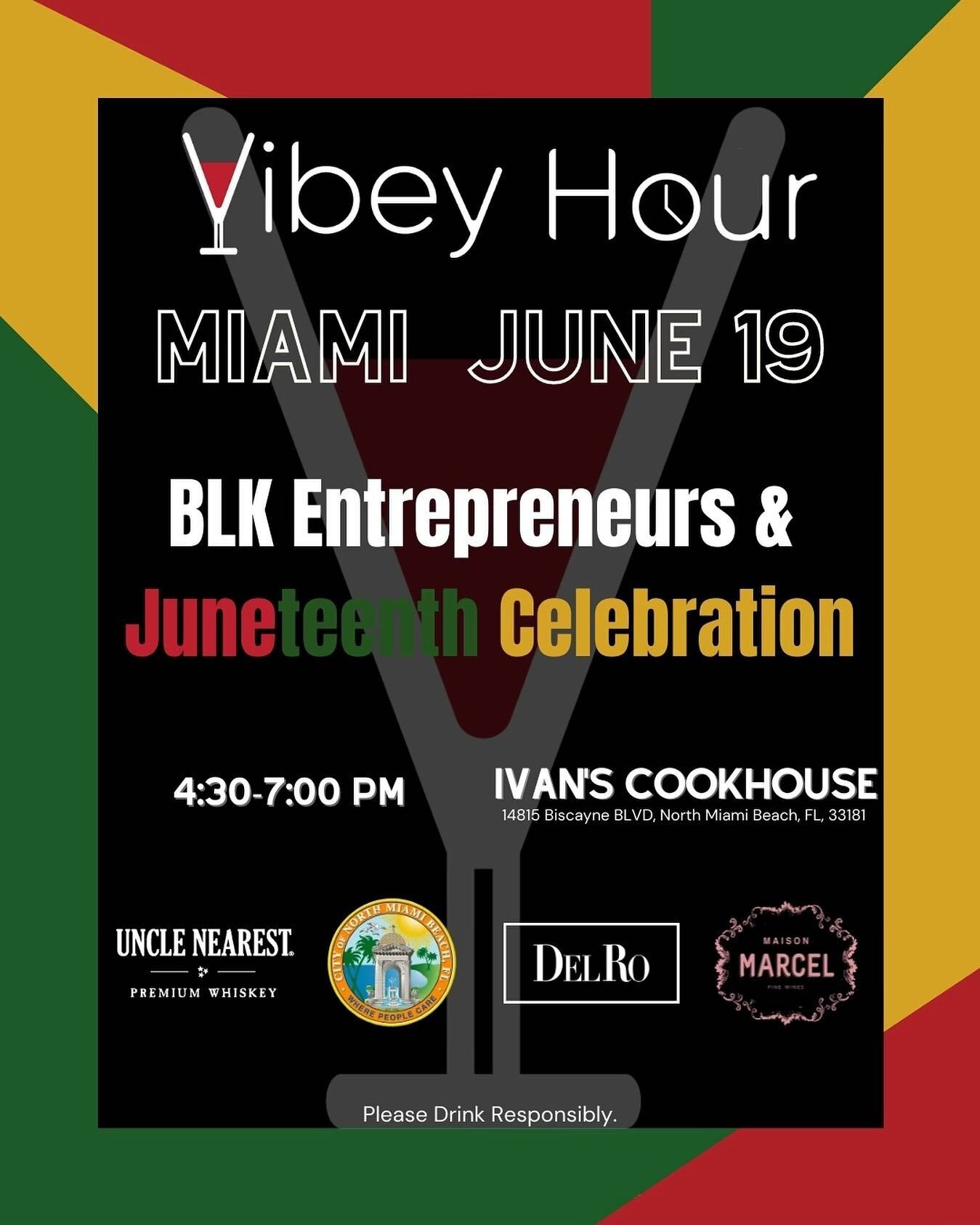 Vibey Hour&trade;️ Miami is back this month!&nbsp;
Vibey Hour&trade;️ MIA Juneteenth Edition - a special celebration of Black Excellence and Black entrepreneurs. 

🔺
🔹
🔺
🔹 
🔺
Come enjoy complimentary Maison Marcel rose and wines as well as compl