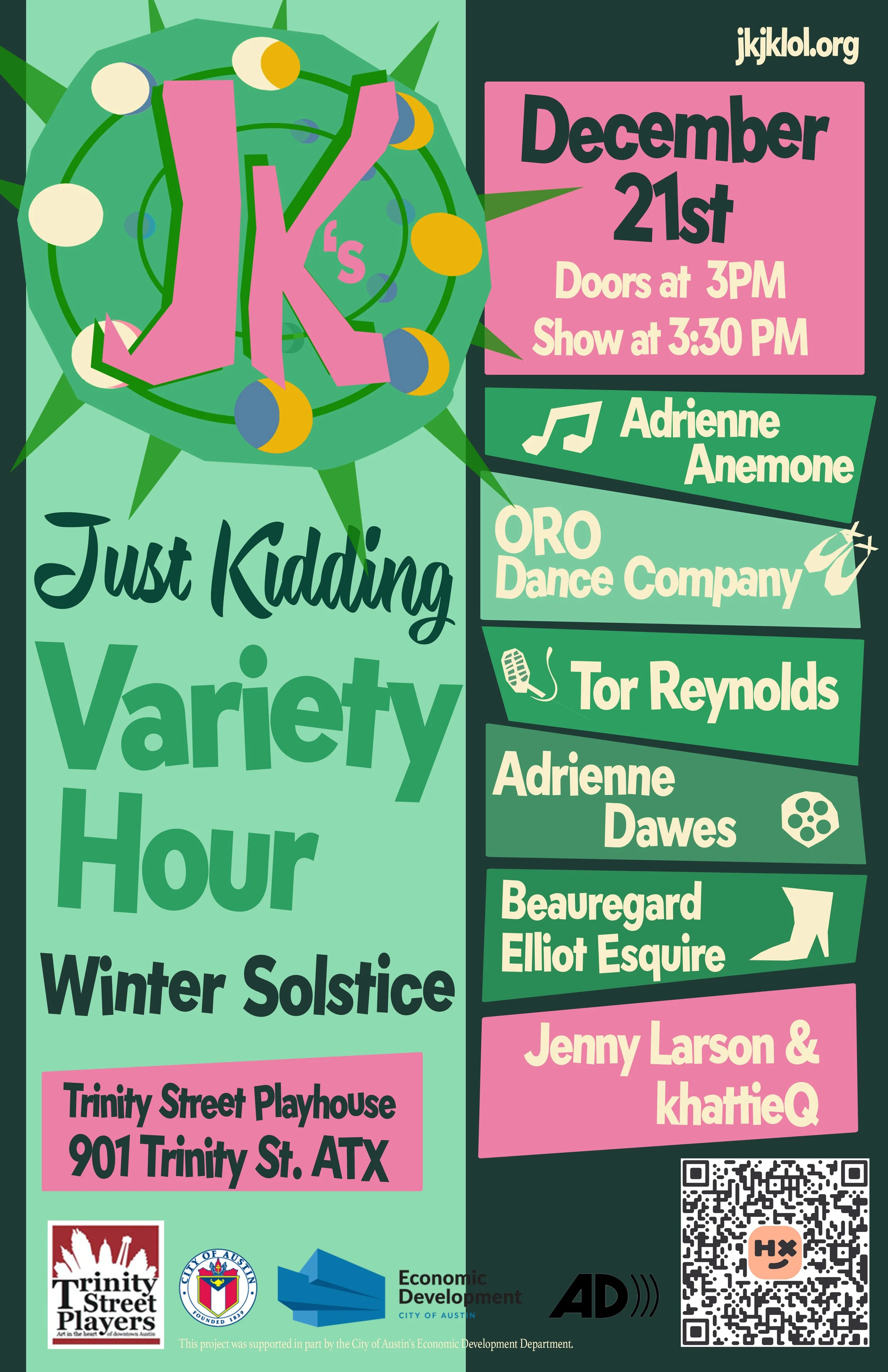  poster by Annie Bradley McCall for the Winter Solstice JK’s Just Kidding 