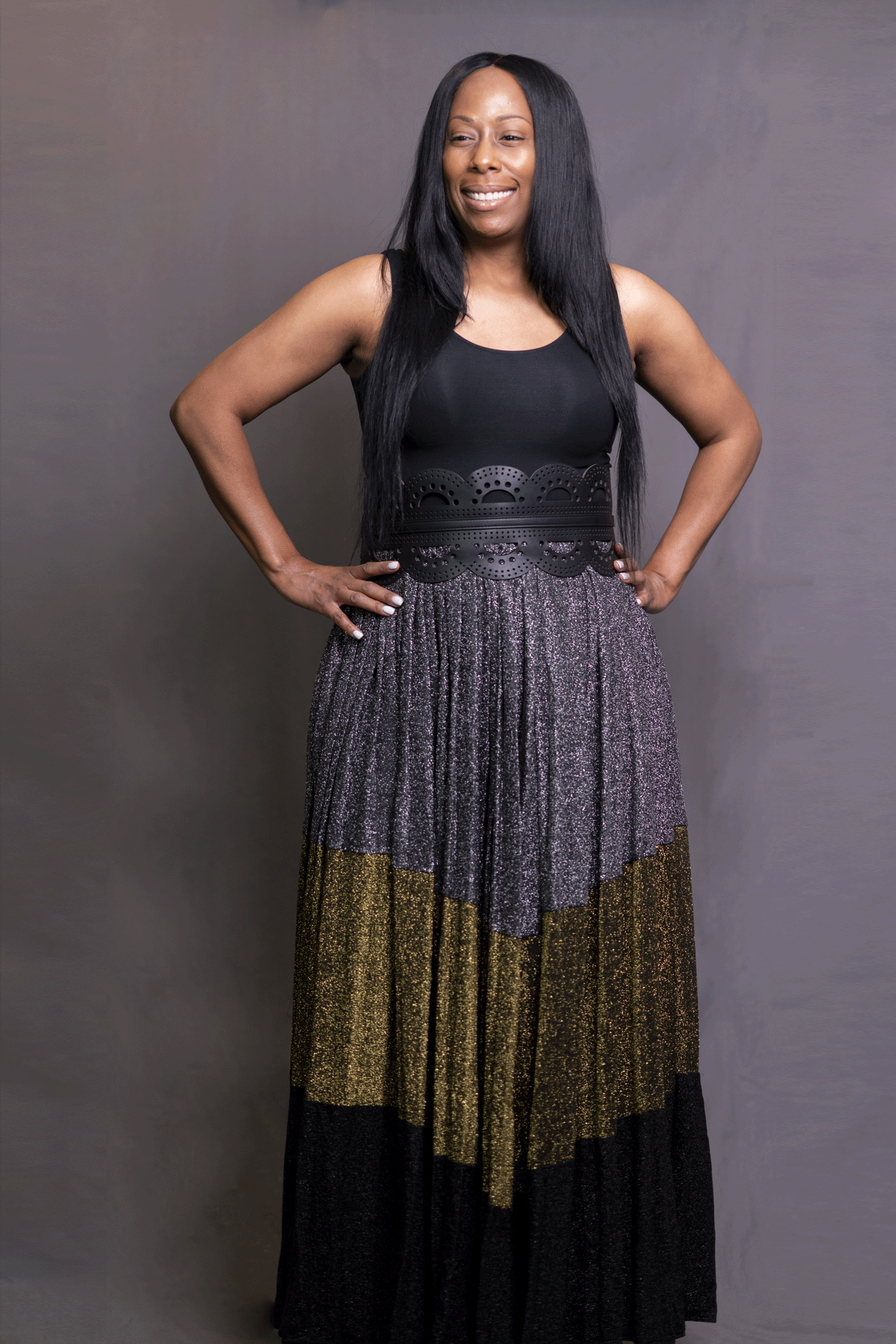 Black &amp; Gold Pleated Maxi Skirt