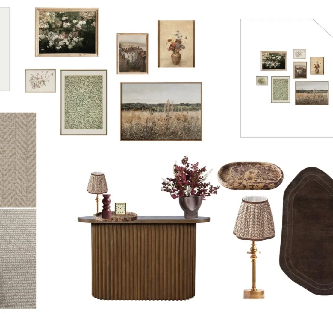 Before this foyer existed anywhere but in my head, it existed here: paint chips, fabric swatches, and a gallery wall mapped out to the inch.
 
Alabaster on the walls. A herringbone runner that can take a hundred trips up and down the stairs a day and