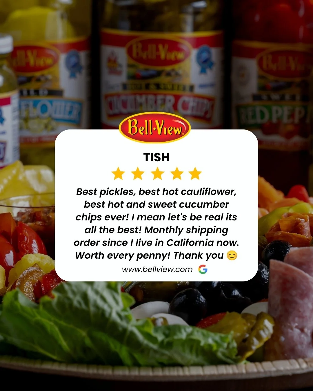 A monthly Bell-View order from California? Now that&rsquo;s loyalty. ❤️🥒 

Whether it&rsquo;s our pickles, hot cauliflower, hot &amp; sweet cucumber chips, or another Bell-View favorite, we&rsquo;re so grateful to be part of your table, no matter ho