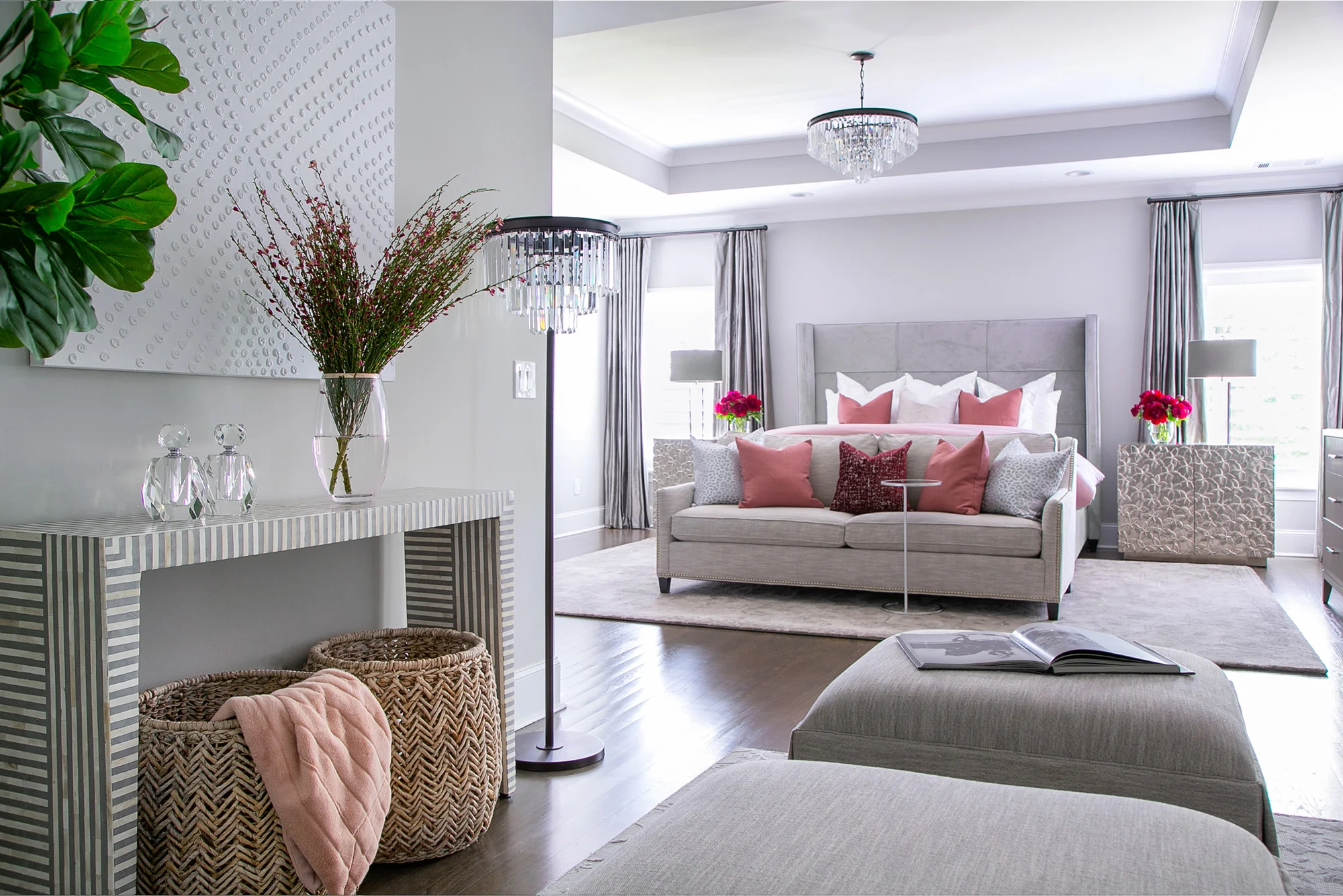 Chic, contemporary master bedroom with grey and dusty rose accents