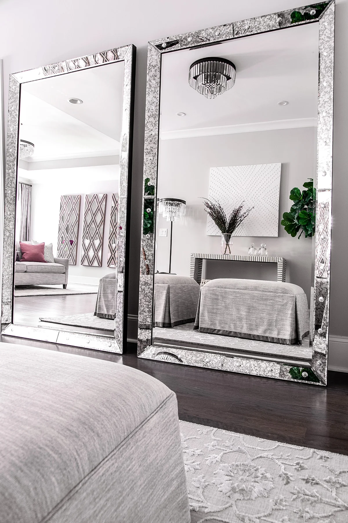 Antique floor mirrors from Renwil in master bedroom