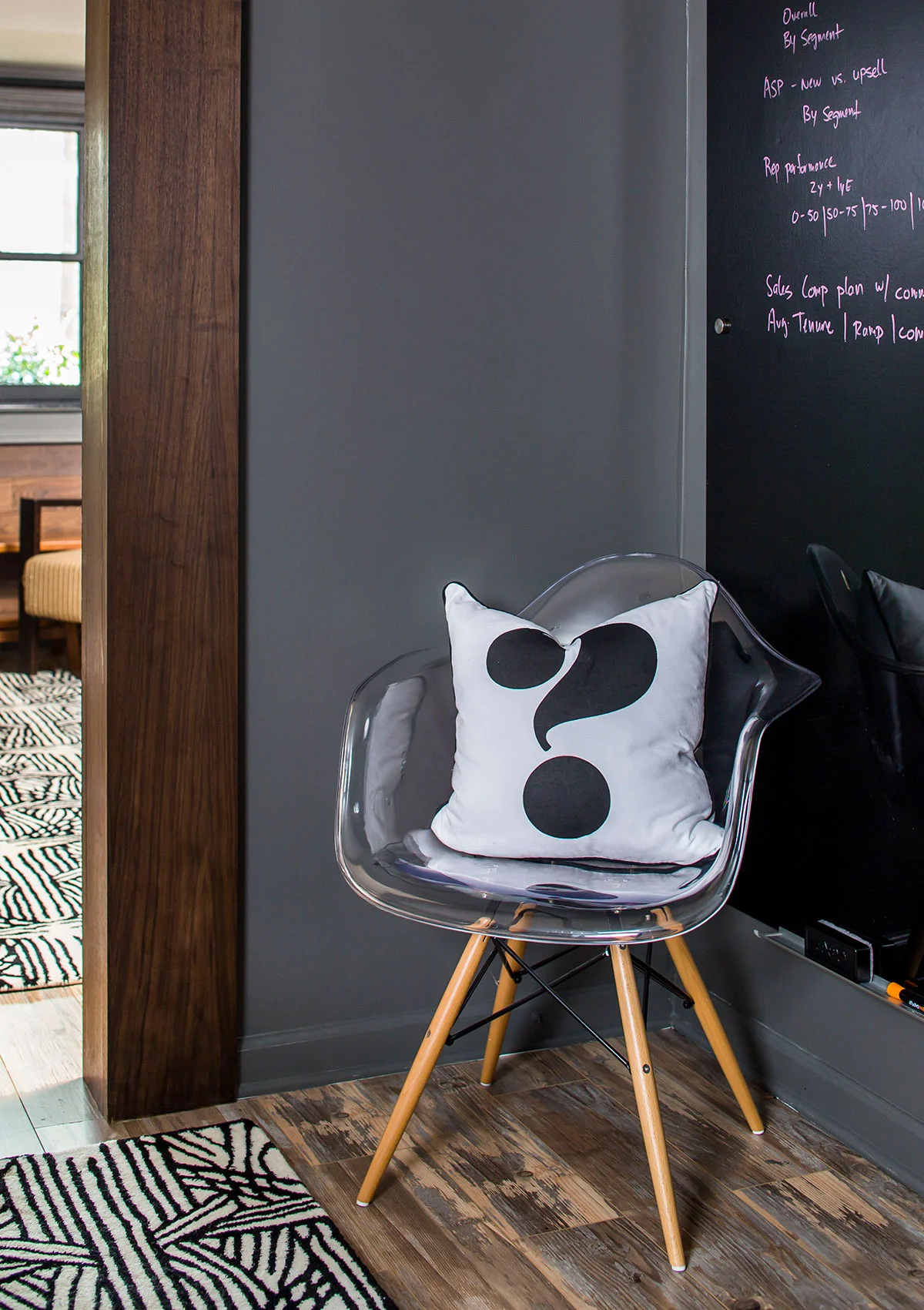 Chalkboard and clear chair with question mark pillow in corner of office