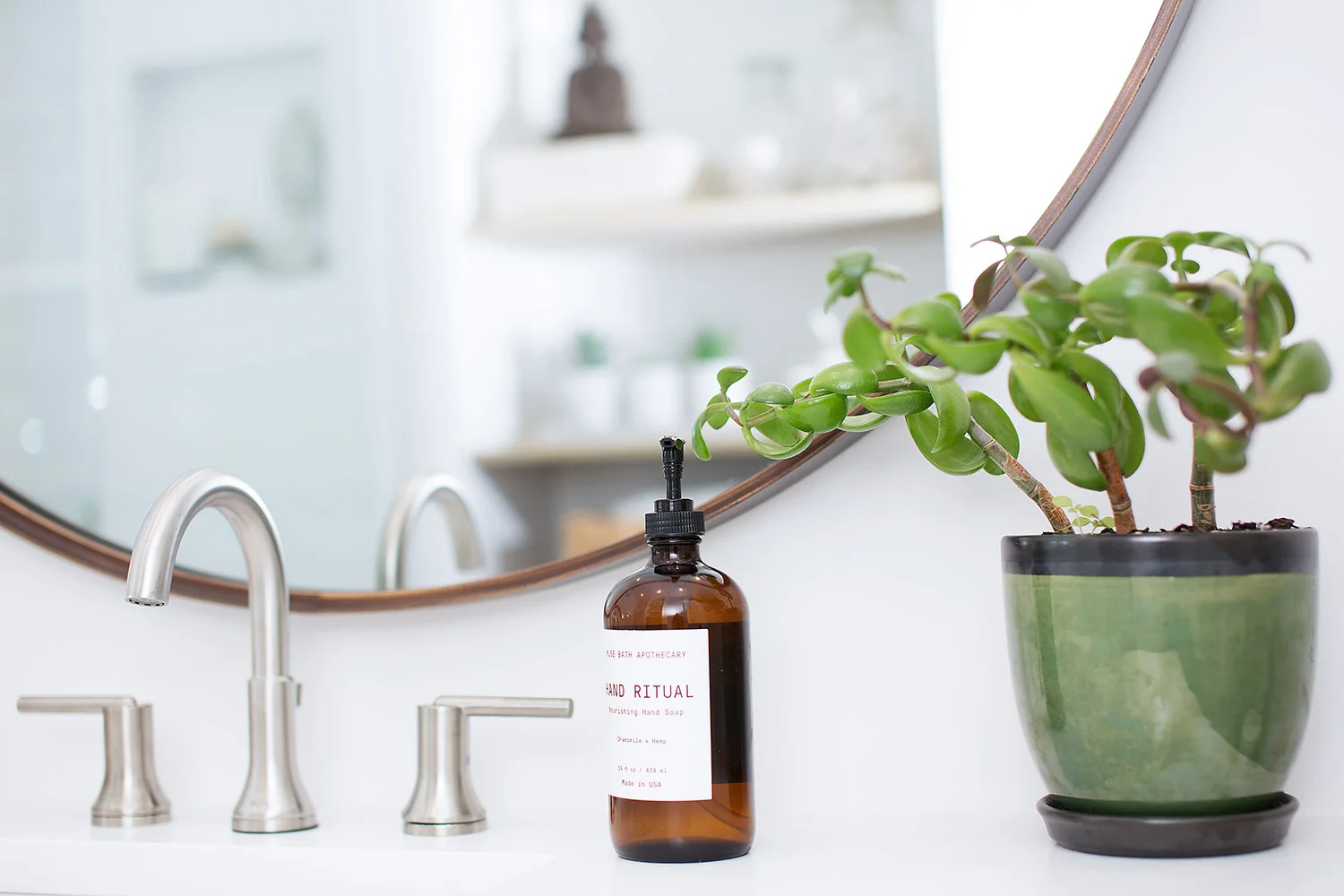 Satin nickel plumbing in guest bathroom
