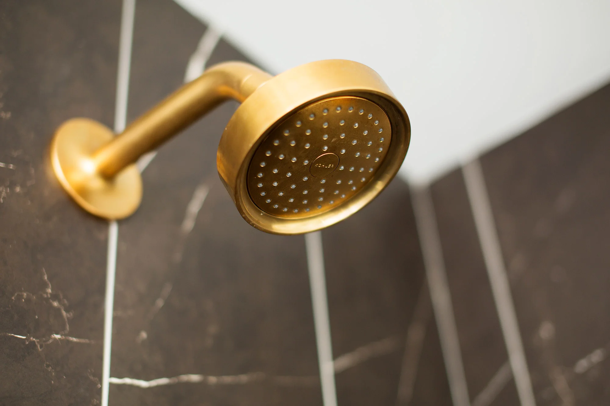 Brushed brass shower head in midcentury modern master bathroom